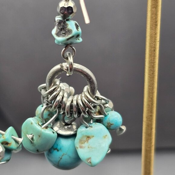 Chunky Dyed Howlite Dangle Earrings 2" Silver Tone Boho Cluster Southwestern - Picture 5 of 8